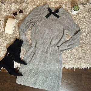 EUC J. Crew Knit Gray Long Sleeve Sweater Bow Detail Dress Small